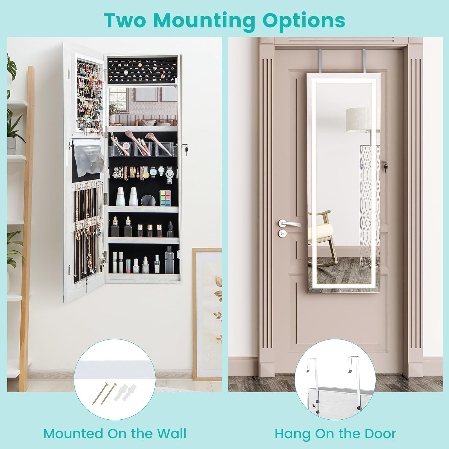 Full-Length Lighted Mirror Jewelry Cabinet with Drawers